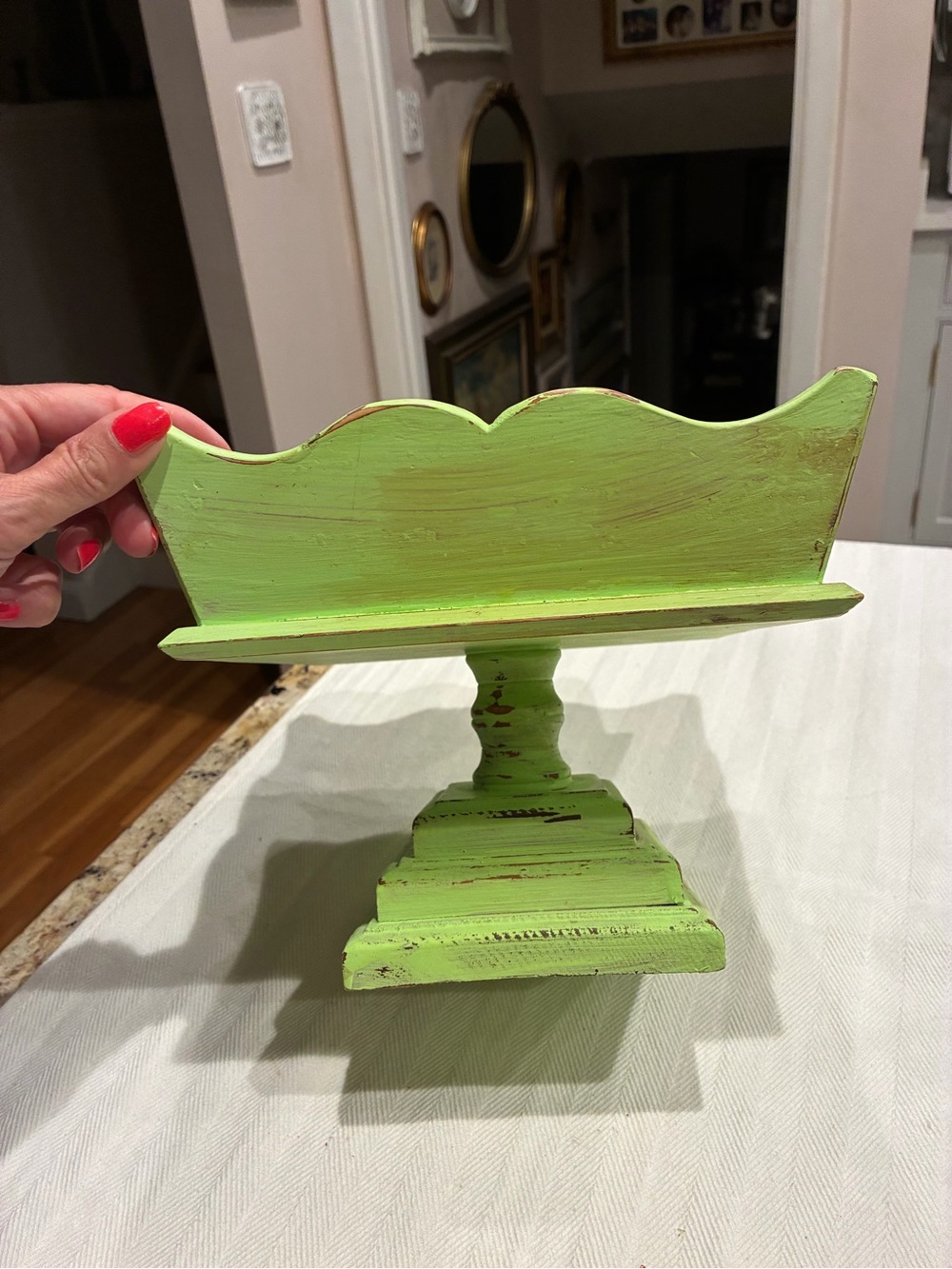 Vintage Distressed Lime Green Wood Pedestal Bowl - Picture 2 of 5
